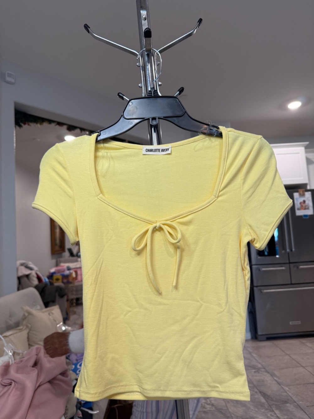 Charlotte Avery Yellow Tie-Front Short Sleeve Top